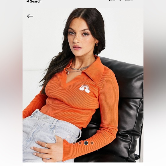 orange ribbed collar v neck with rainbow badge long sleeve - Picture 2 of 5
